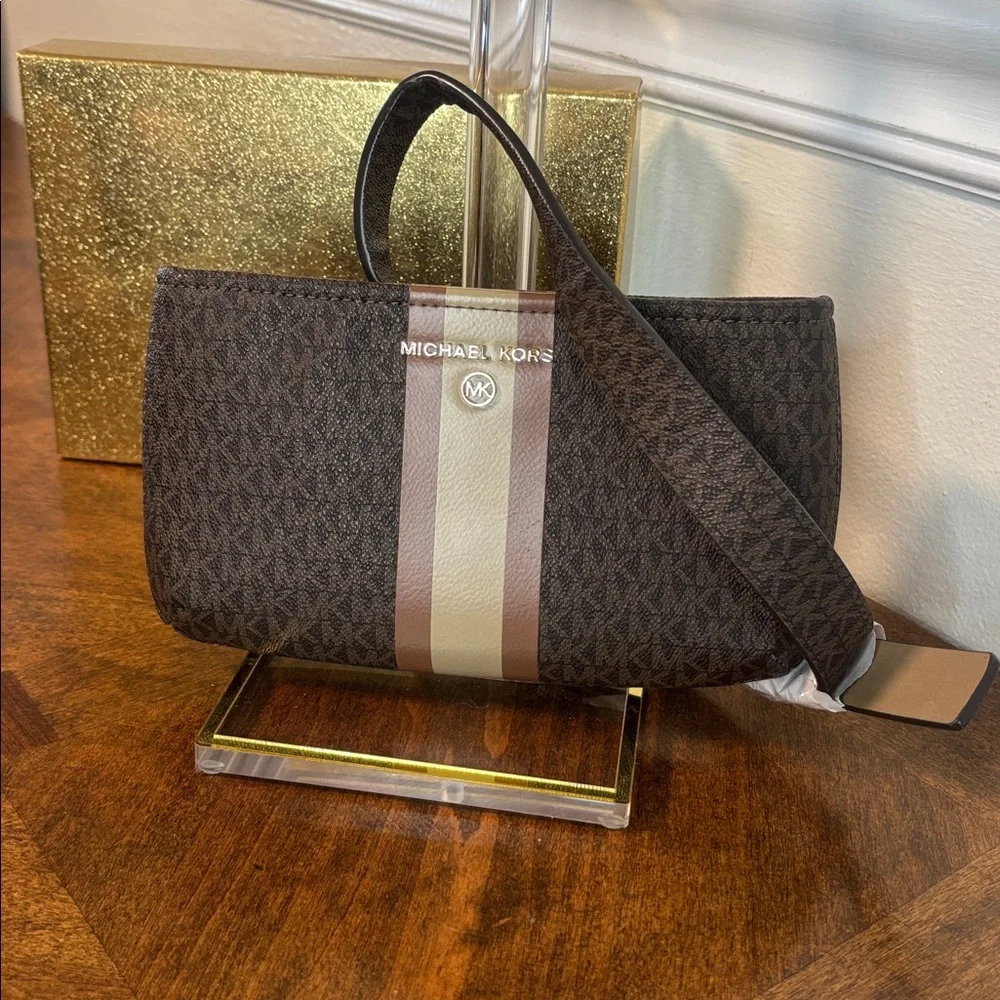 Michael Kors Monogram Crossbody Bag Brown Stripe Adjustable Belt Bag MK Signatu